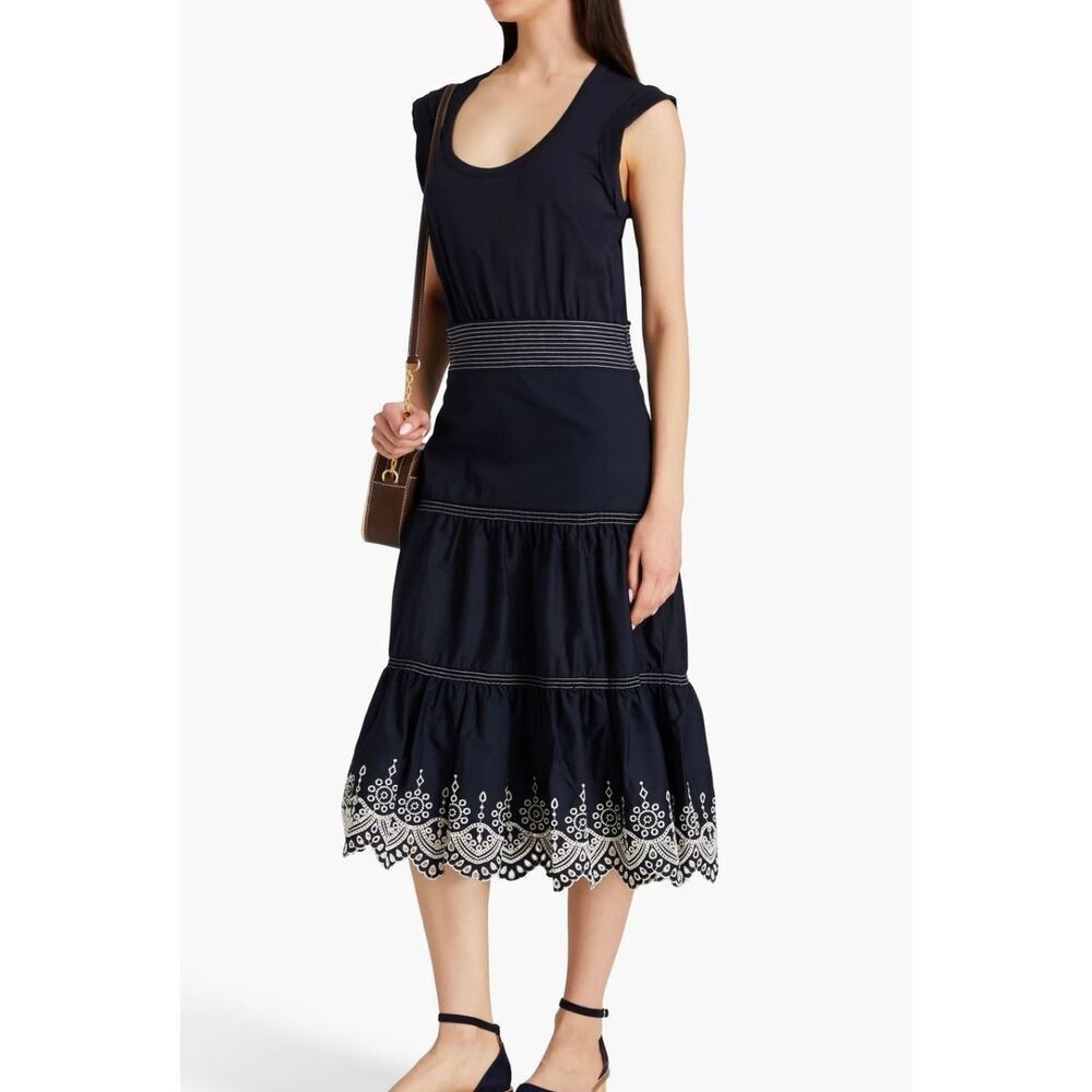 Veronica Beard Amaia Women’s Tiered Eyelet Cotton Midi Dress Navy Size XS